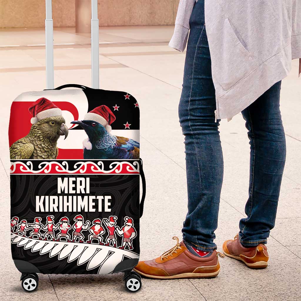 New Zealand Meri Kirihimete Luggage Cover Christmas Tui Bird and Kea Bird - Haka Santa with Maori Koru Art Pattern LT03 Black - Polynesian Pride