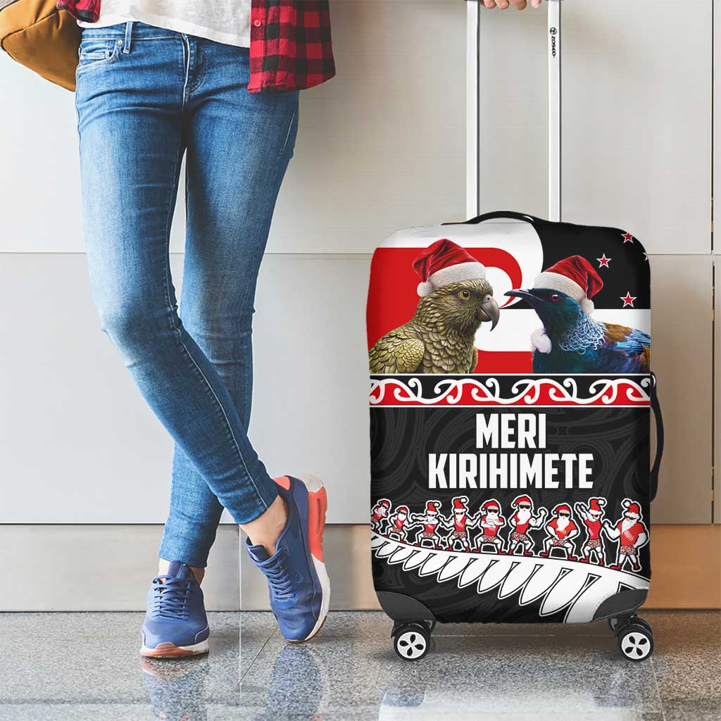 New Zealand Meri Kirihimete Luggage Cover Christmas Tui Bird and Kea Bird - Haka Santa with Maori Koru Art Pattern LT03 - Polynesian Pride
