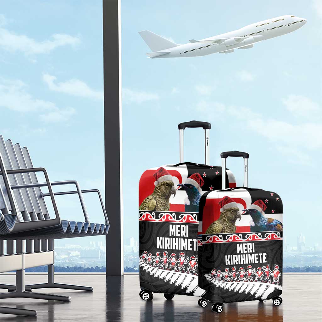 New Zealand Meri Kirihimete Luggage Cover Christmas Tui Bird and Kea Bird - Haka Santa with Maori Koru Art Pattern LT03 - Polynesian Pride