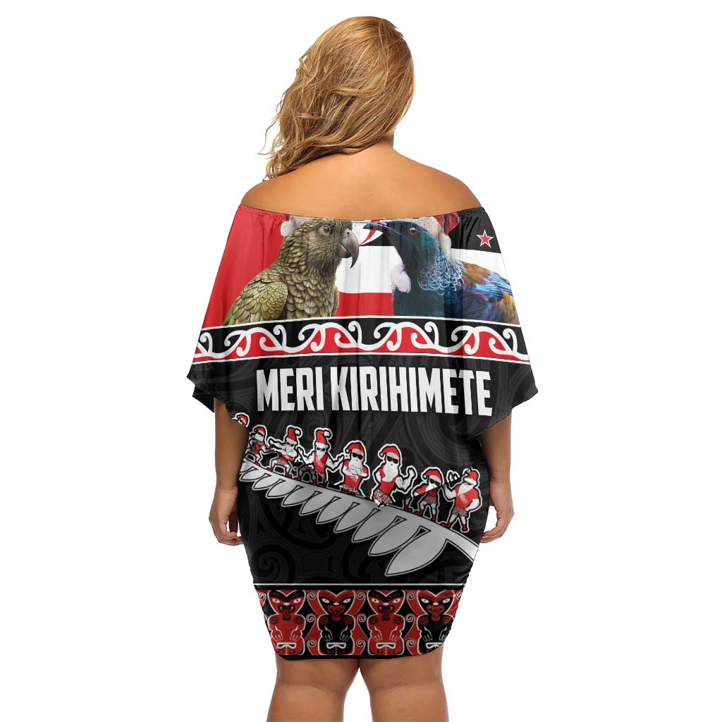 New Zealand Meri Kirihimete Off Shoulder Short Dress Christmas Tui Bird and Kea Bird - Haka Santa with Maori Koru Art Pattern LT03 - Polynesian Pride