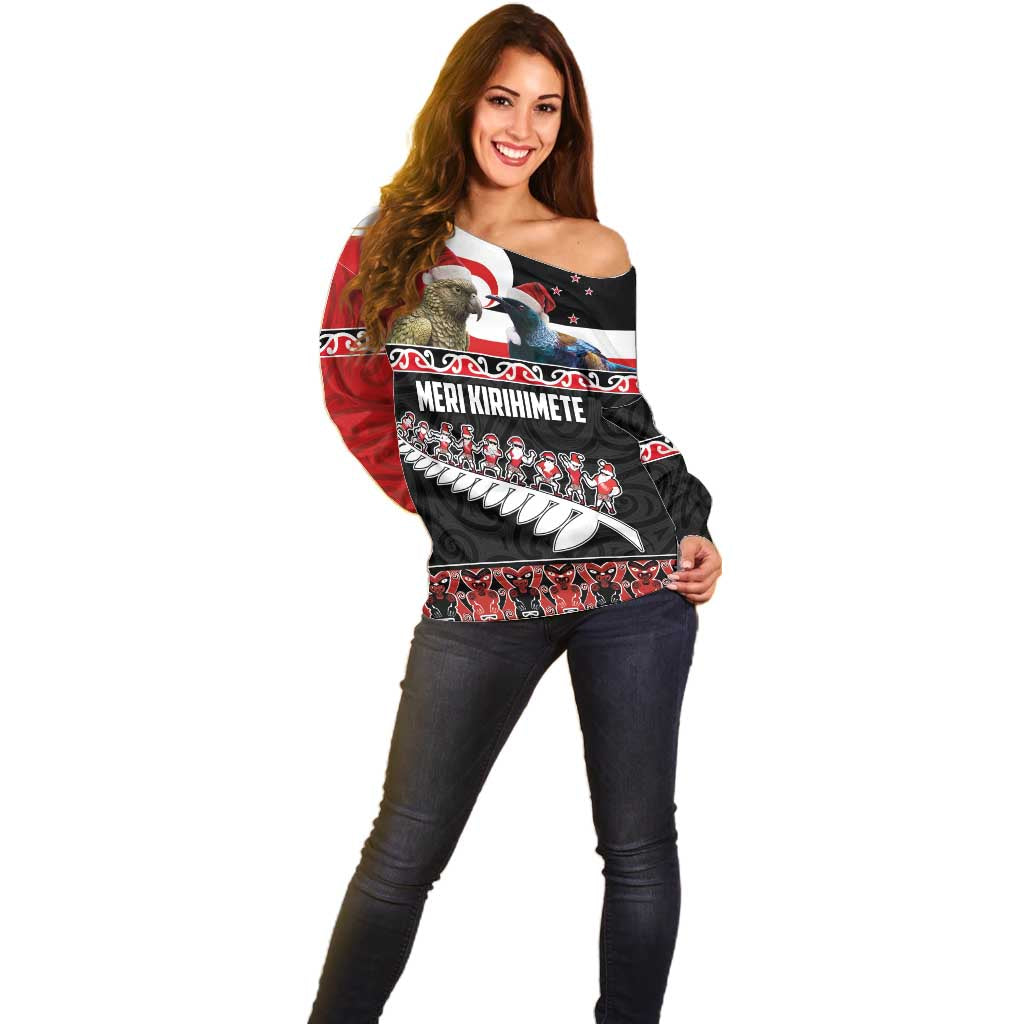 New Zealand Meri Kirihimete Off Shoulder Sweater Christmas Tui Bird and Kea Bird - Haka Santa with Maori Koru Art Pattern LT03 - Polynesian Pride