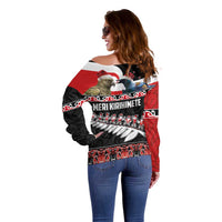 New Zealand Meri Kirihimete Off Shoulder Sweater Christmas Tui Bird and Kea Bird - Haka Santa with Maori Koru Art Pattern LT03 - Polynesian Pride