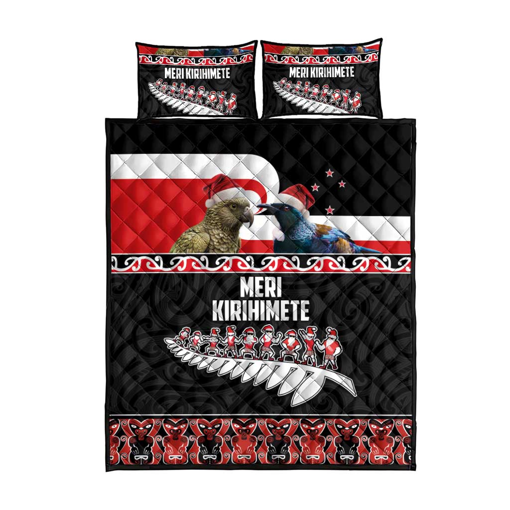 New Zealand Meri Kirihimete Quilt Bed Set Christmas Tui Bird and Kea Bird - Haka Santa with Maori Koru Art Pattern LT03 - Polynesian Pride