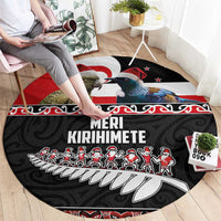 New Zealand Meri Kirihimete Round Carpet Christmas Tui Bird and Kea Bird - Haka Santa with Maori Koru Art Pattern LT03 - Polynesian Pride