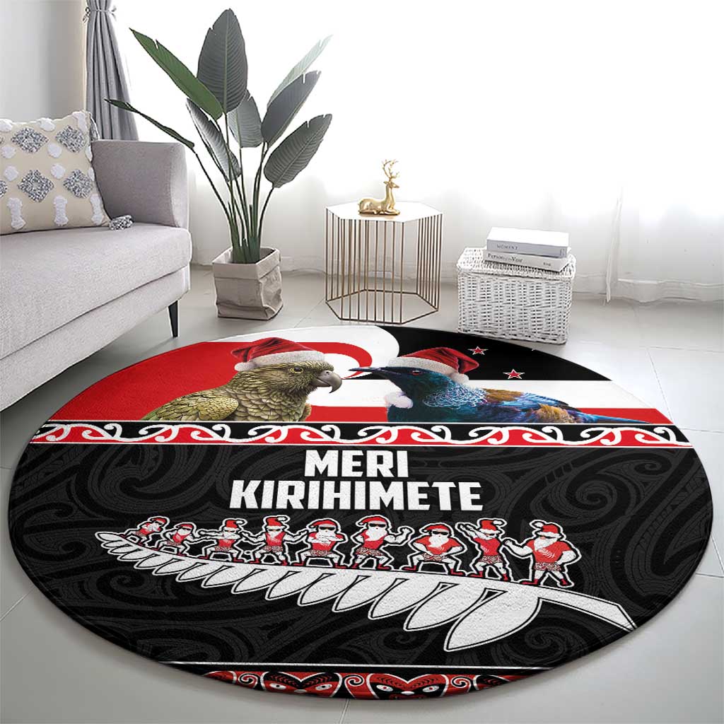 New Zealand Meri Kirihimete Round Carpet Christmas Tui Bird and Kea Bird - Haka Santa with Maori Koru Art Pattern LT03 - Polynesian Pride
