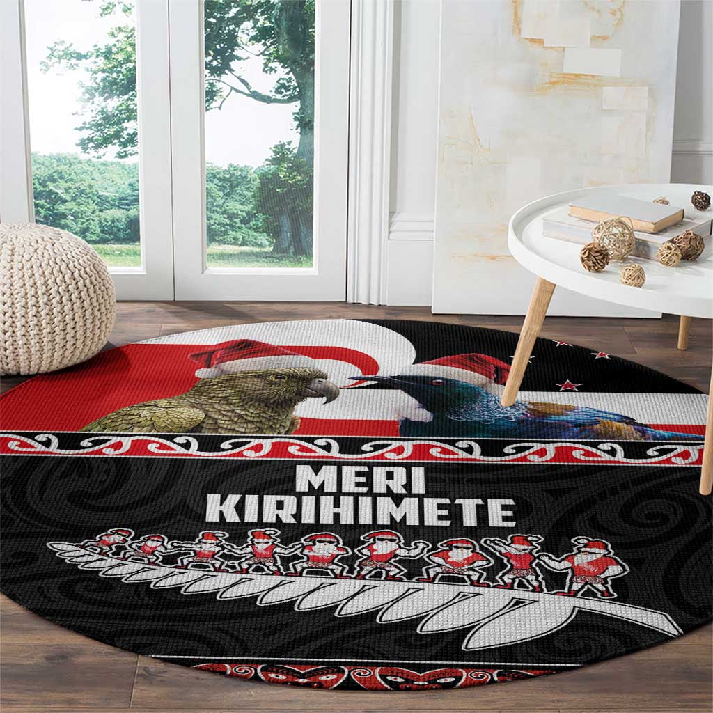 New Zealand Meri Kirihimete Round Carpet Christmas Tui Bird and Kea Bird - Haka Santa with Maori Koru Art Pattern LT03 - Polynesian Pride