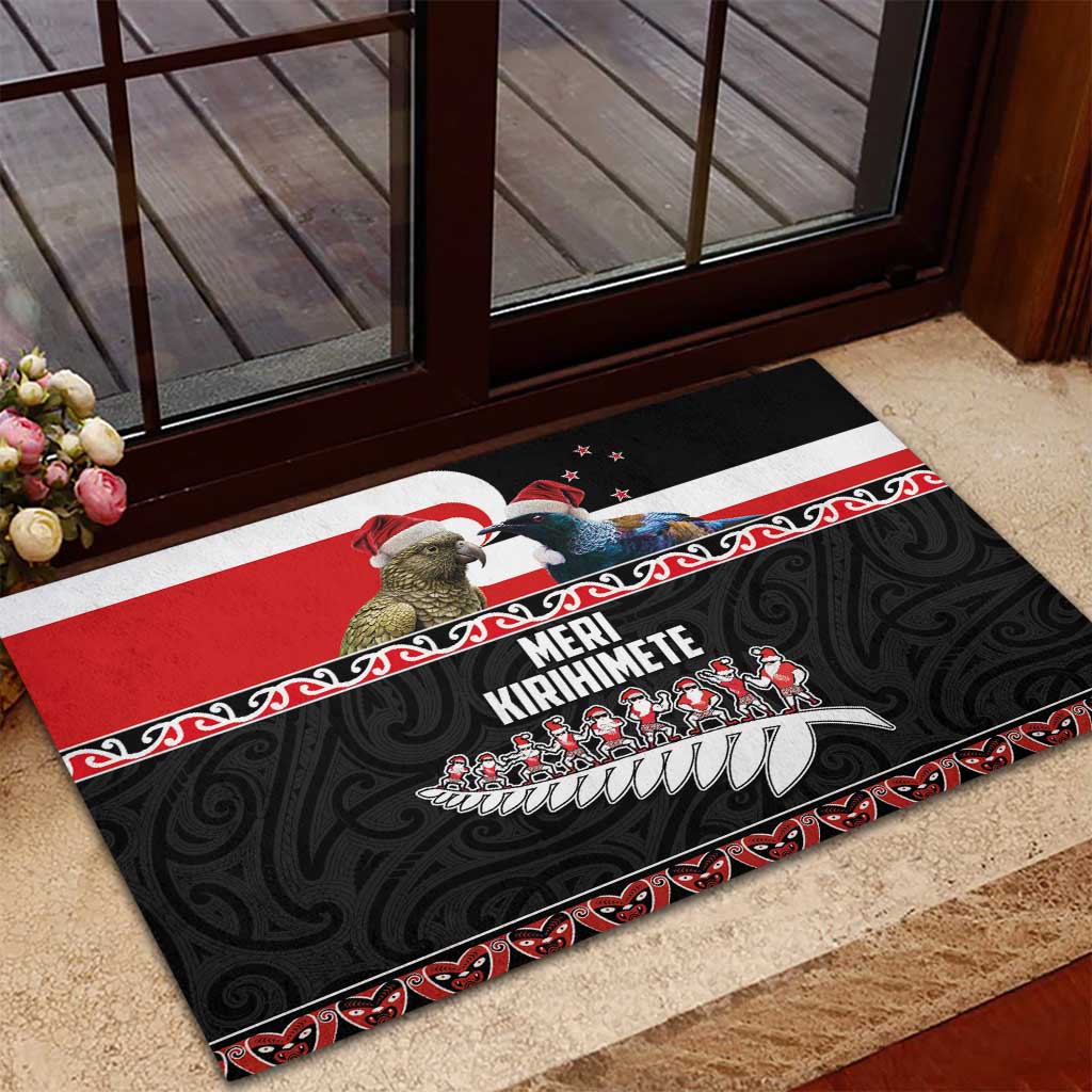 New Zealand Meri Kirihimete Rubber Doormat Christmas Tui Bird and Kea Bird - Haka Santa with Maori Koru Art Pattern LT03 - Polynesian Pride