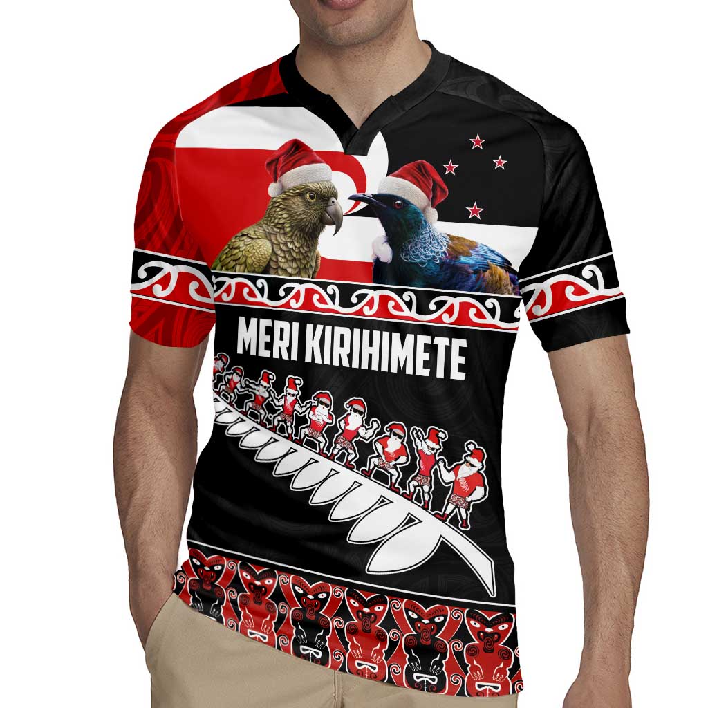 New Zealand Meri Kirihimete Rugby Jersey Christmas Tui Bird and Kea Bird - Haka Santa with Maori Koru Art Pattern LT03 - Polynesian Pride