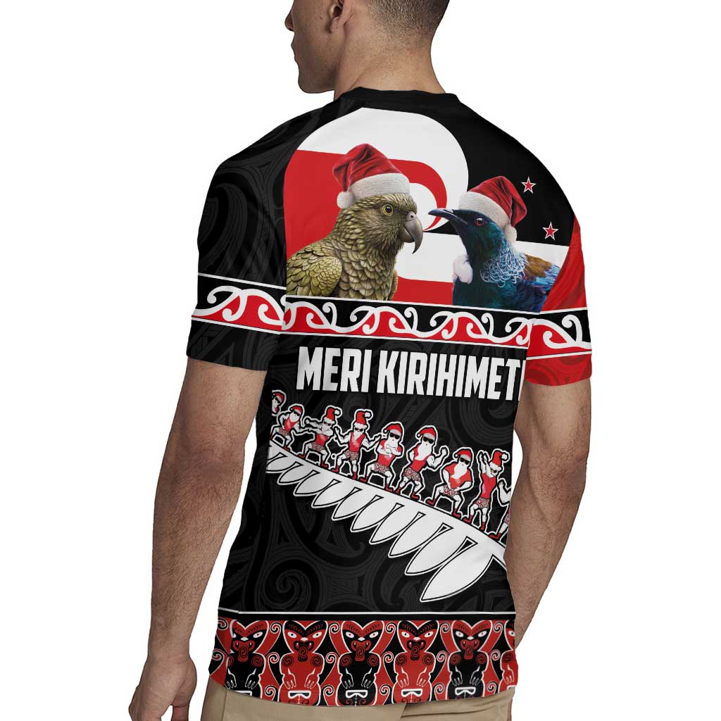 New Zealand Meri Kirihimete Rugby Jersey Christmas Tui Bird and Kea Bird - Haka Santa with Maori Koru Art Pattern LT03 - Polynesian Pride