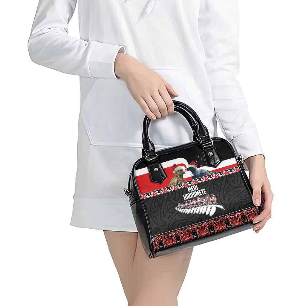 New Zealand Meri Kirihimete Shoulder Handbag Christmas Tui Bird and Kea Bird - Haka Santa with Maori Koru Art Pattern LT03 - Polynesian Pride