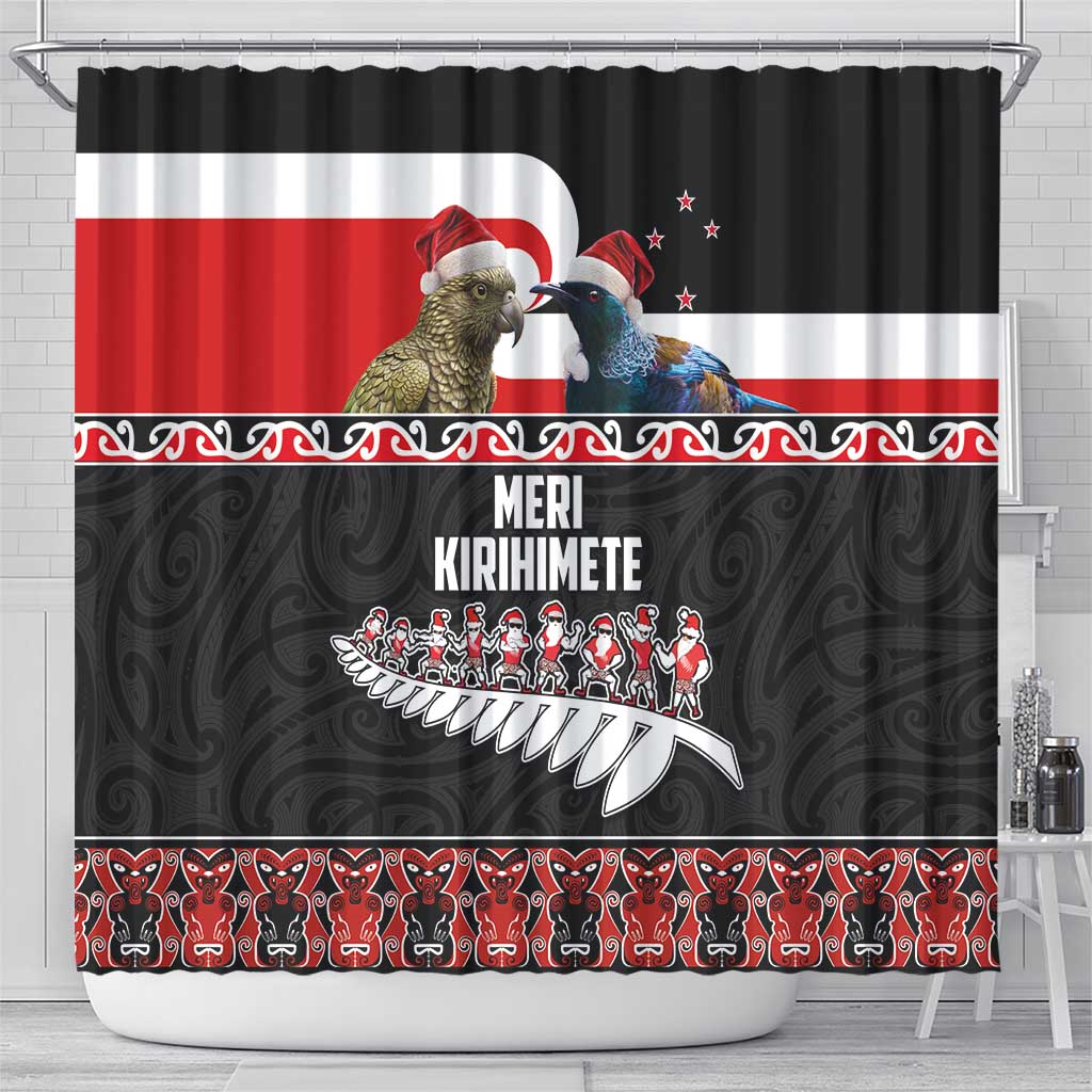 New Zealand Meri Kirihimete Shower Curtain Christmas Tui Bird and Kea Bird - Haka Santa with Maori Koru Art Pattern LT03 - Polynesian Pride