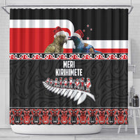 New Zealand Meri Kirihimete Shower Curtain Christmas Tui Bird and Kea Bird - Haka Santa with Maori Koru Art Pattern LT03 - Polynesian Pride