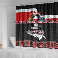 New Zealand Meri Kirihimete Shower Curtain Christmas Tui Bird and Kea Bird - Haka Santa with Maori Koru Art Pattern LT03 - Polynesian Pride