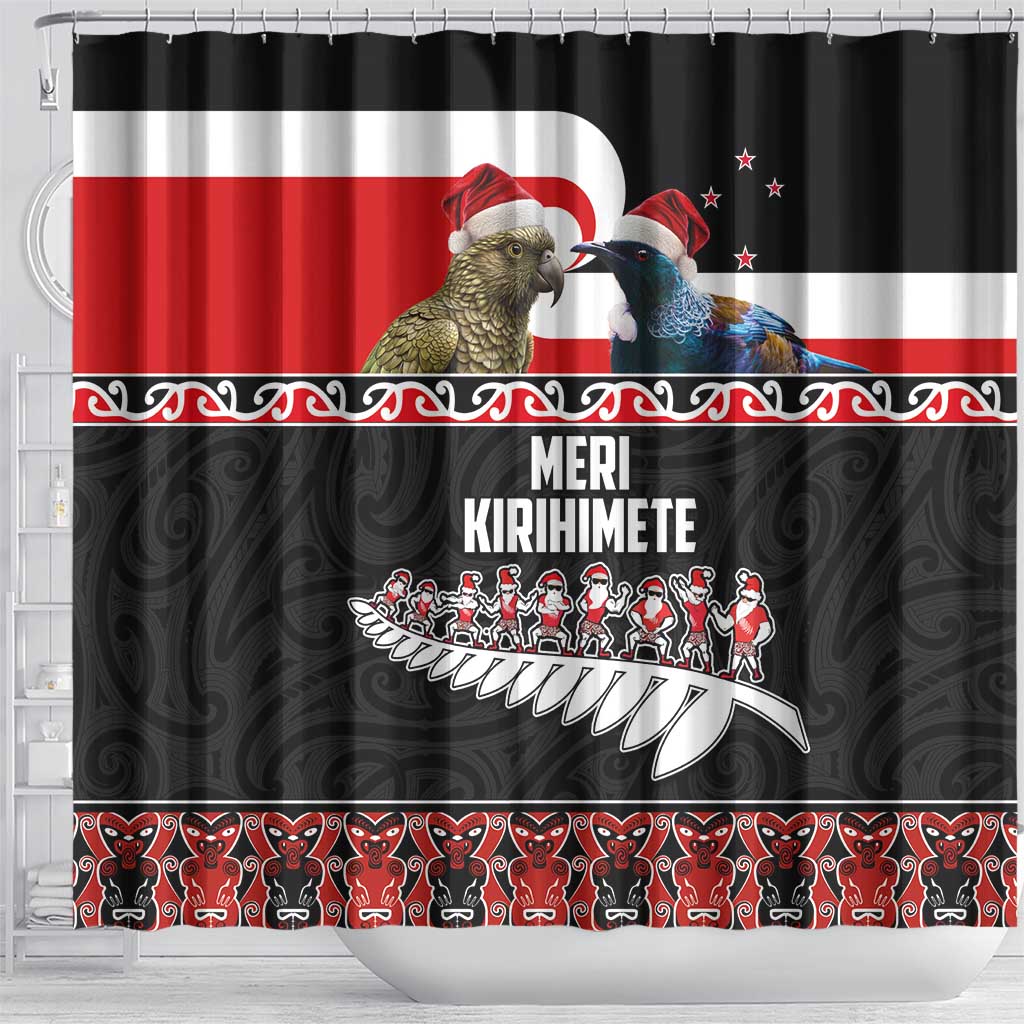 New Zealand Meri Kirihimete Shower Curtain Christmas Tui Bird and Kea Bird - Haka Santa with Maori Koru Art Pattern LT03 - Polynesian Pride