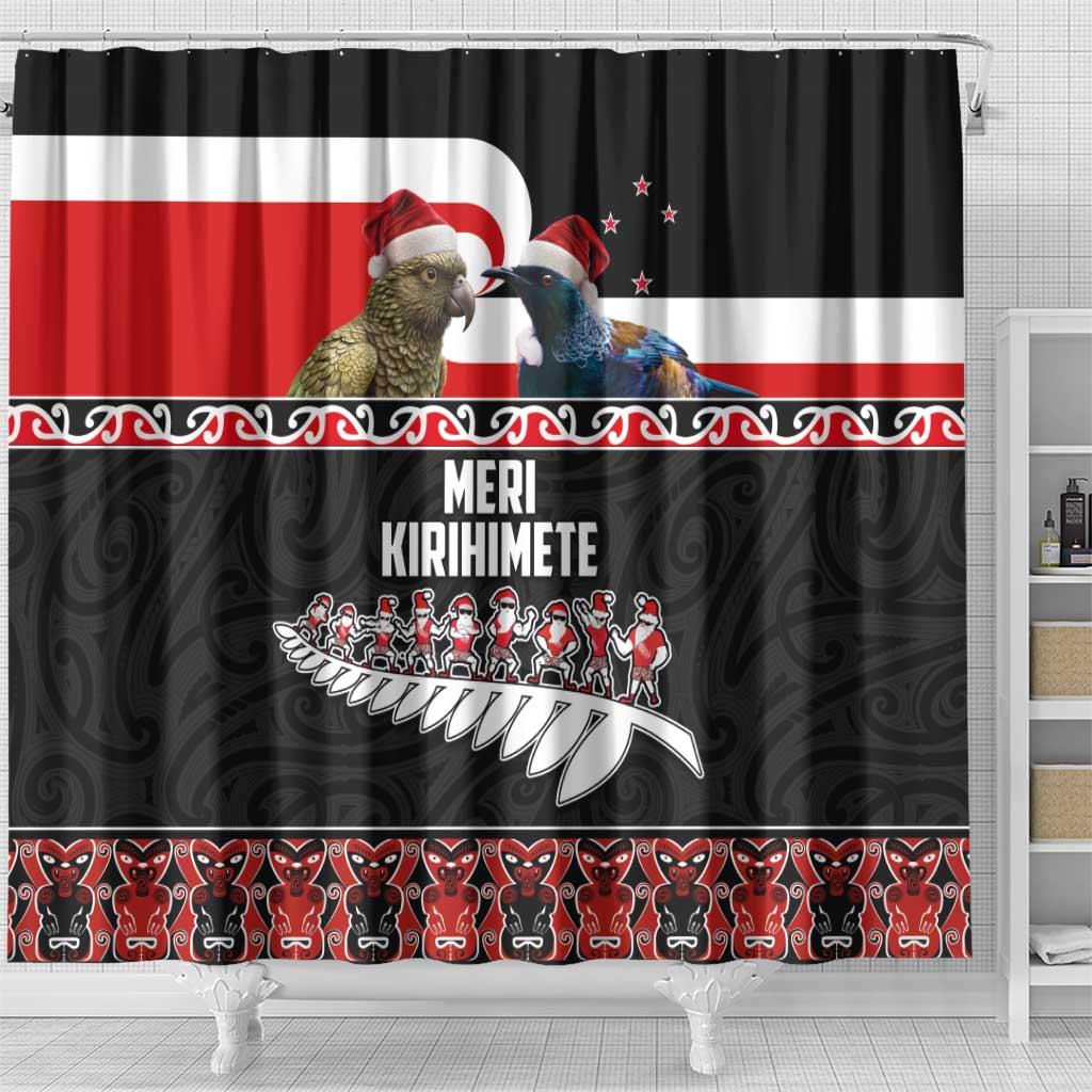 New Zealand Meri Kirihimete Shower Curtain Christmas Tui Bird and Kea Bird - Haka Santa with Maori Koru Art Pattern LT03 - Polynesian Pride