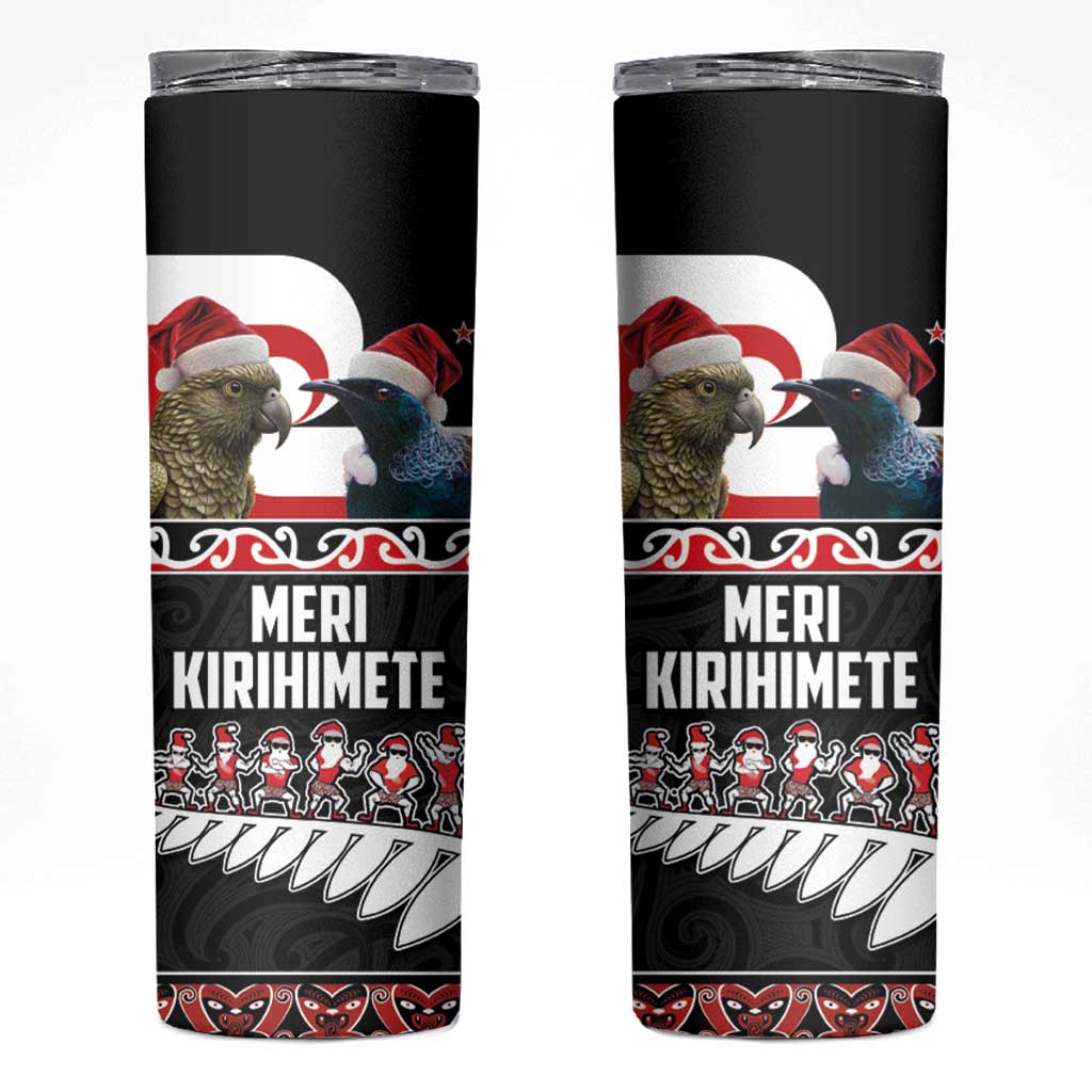 New Zealand Meri Kirihimete Skinny Tumbler Christmas Tui Bird and Kea Bird - Haka Santa with Maori Koru Art Pattern LT03 Black - Polynesian Pride