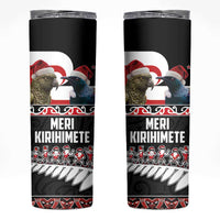New Zealand Meri Kirihimete Skinny Tumbler Christmas Tui Bird and Kea Bird - Haka Santa with Maori Koru Art Pattern LT03 Black - Polynesian Pride