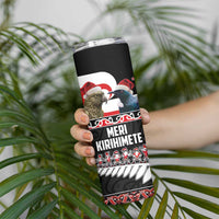 New Zealand Meri Kirihimete Skinny Tumbler Christmas Tui Bird and Kea Bird - Haka Santa with Maori Koru Art Pattern LT03 - Polynesian Pride
