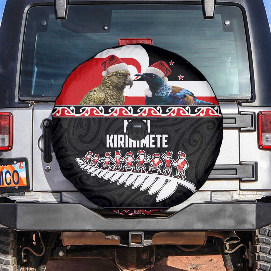 New Zealand Meri Kirihimete Spare Tire Cover Christmas Tui Bird and Kea Bird - Haka Santa with Maori Koru Art Pattern LT03 Black - Polynesian Pride