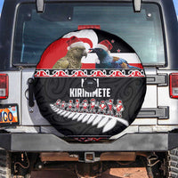New Zealand Meri Kirihimete Spare Tire Cover Christmas Tui Bird and Kea Bird - Haka Santa with Maori Koru Art Pattern LT03 Black - Polynesian Pride