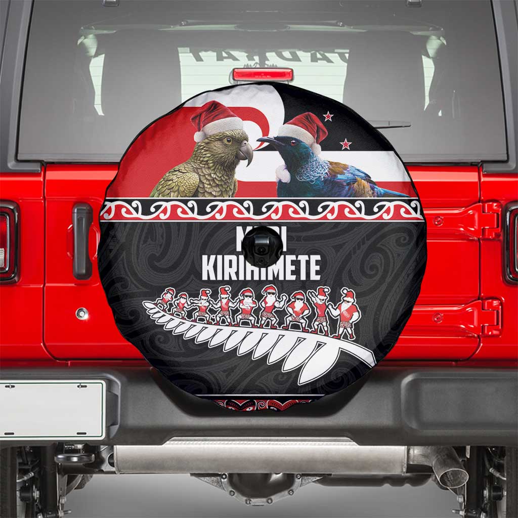 New Zealand Meri Kirihimete Spare Tire Cover Christmas Tui Bird and Kea Bird - Haka Santa with Maori Koru Art Pattern LT03 - Polynesian Pride