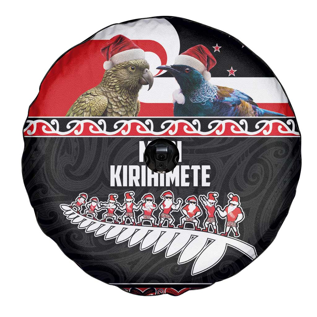 New Zealand Meri Kirihimete Spare Tire Cover Christmas Tui Bird and Kea Bird - Haka Santa with Maori Koru Art Pattern LT03 - Polynesian Pride