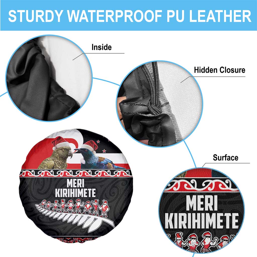 New Zealand Meri Kirihimete Spare Tire Cover Christmas Tui Bird and Kea Bird - Haka Santa with Maori Koru Art Pattern LT03 - Polynesian Pride