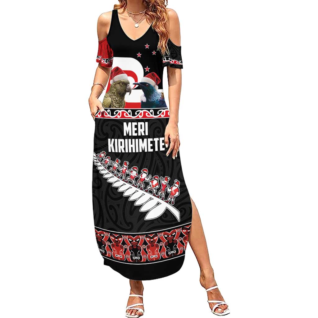 New Zealand Meri Kirihimete Summer Maxi Dress Christmas Tui Bird and Kea Bird - Haka Santa with Maori Koru Art Pattern LT03 Women Black - Polynesian Pride