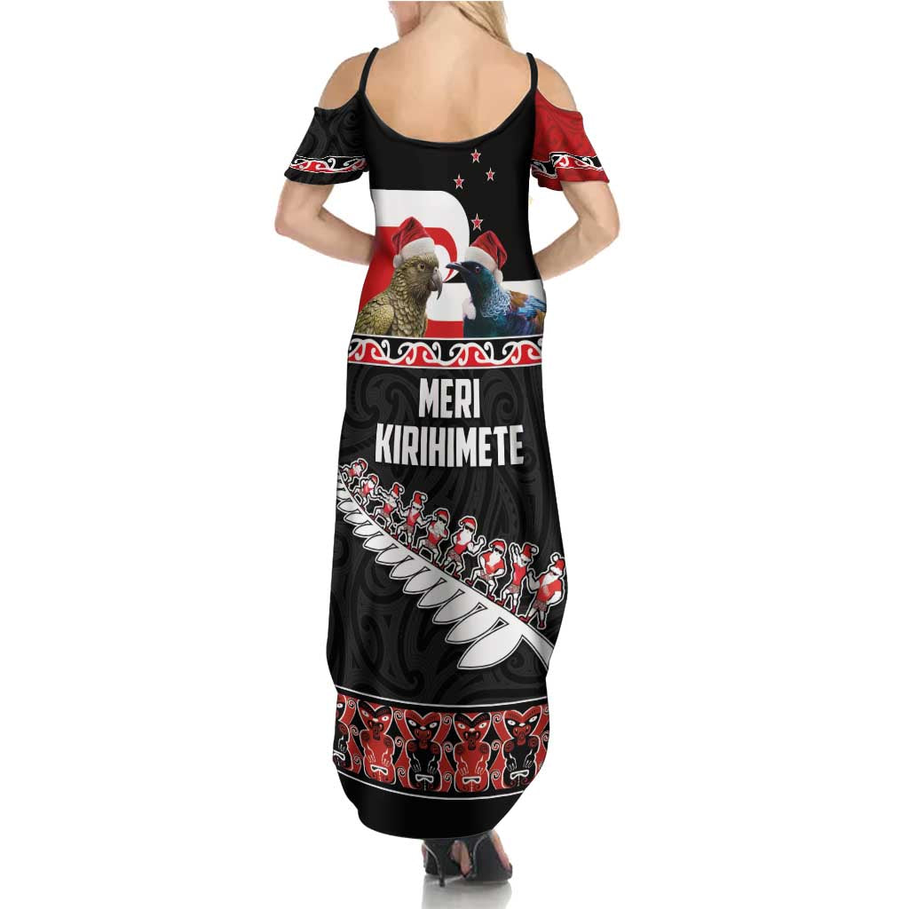 New Zealand Meri Kirihimete Summer Maxi Dress Christmas Tui Bird and Kea Bird - Haka Santa with Maori Koru Art Pattern LT03 - Polynesian Pride