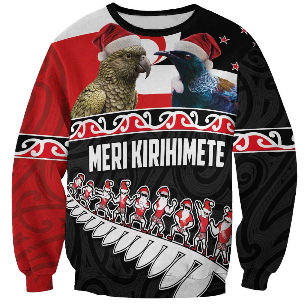 New Zealand Meri Kirihimete Sweatshirt Christmas Tui Bird and Kea Bird - Haka Santa with Maori Koru Art Pattern LT03 Unisex Black - Polynesian Pride
