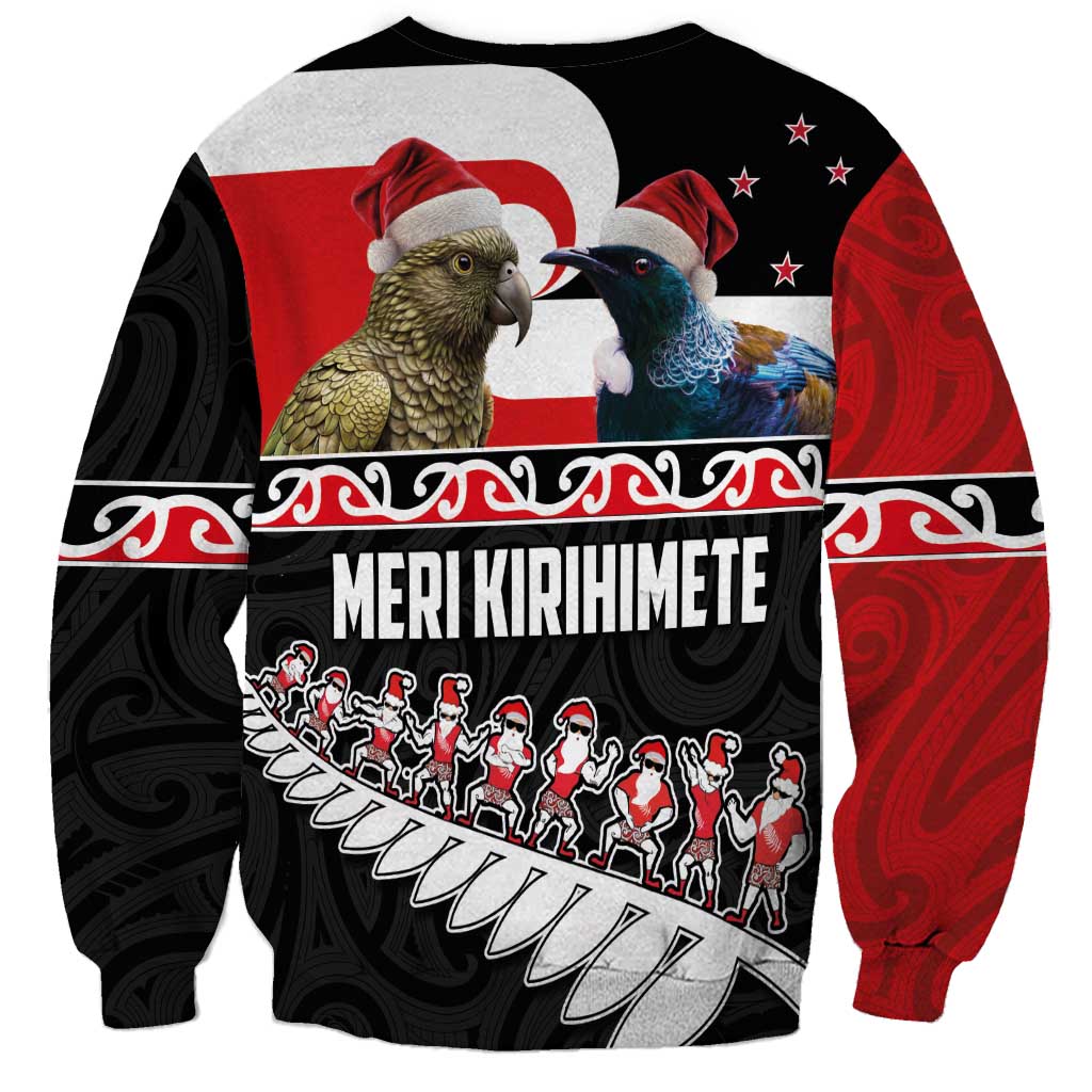 New Zealand Meri Kirihimete Sweatshirt Christmas Tui Bird and Kea Bird - Haka Santa with Maori Koru Art Pattern LT03 - Polynesian Pride