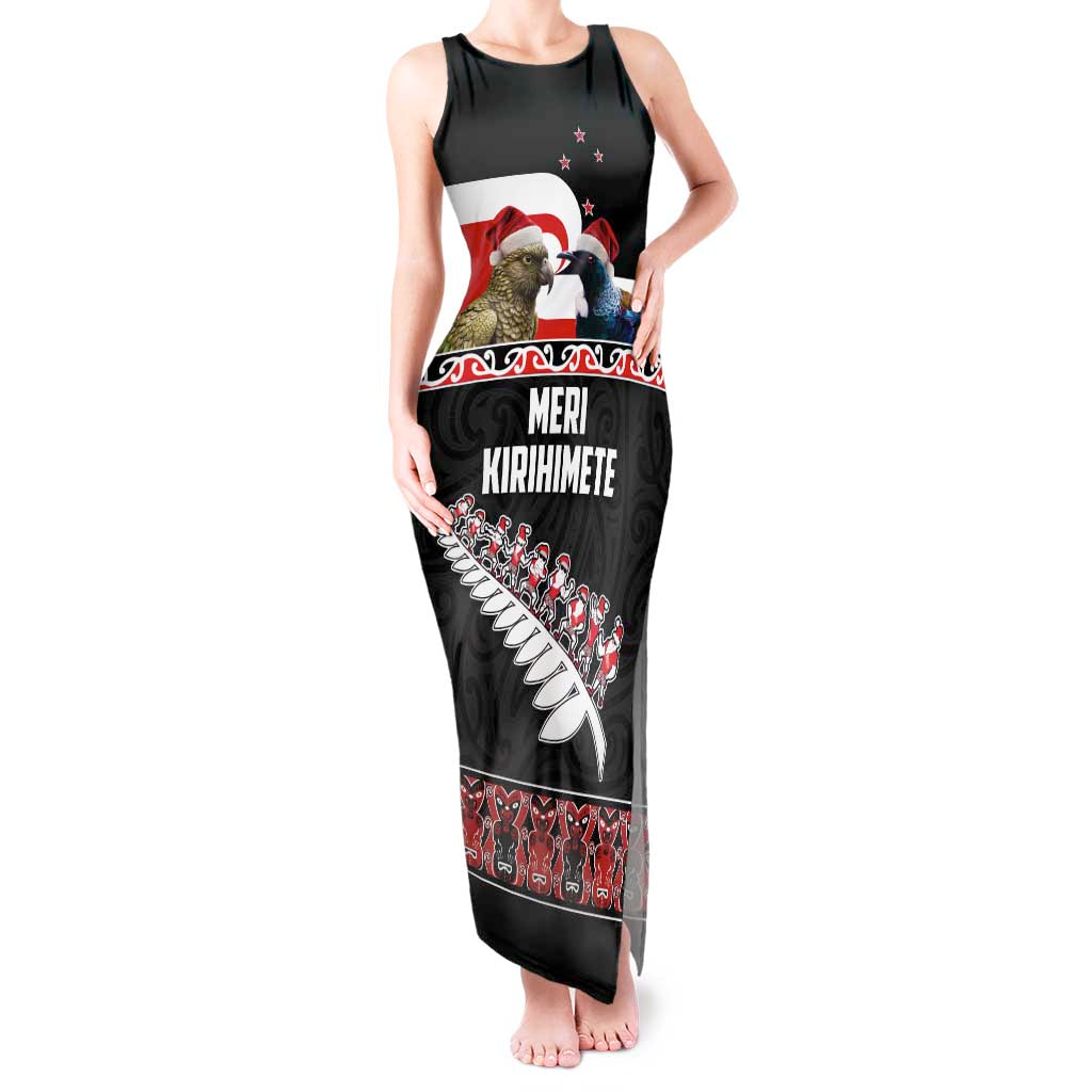 New Zealand Meri Kirihimete Tank Maxi Dress Christmas Tui Bird and Kea Bird - Haka Santa with Maori Koru Art Pattern LT03 Women Black - Polynesian Pride