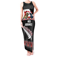 New Zealand Meri Kirihimete Tank Maxi Dress Christmas Tui Bird and Kea Bird - Haka Santa with Maori Koru Art Pattern LT03 Women Black - Polynesian Pride