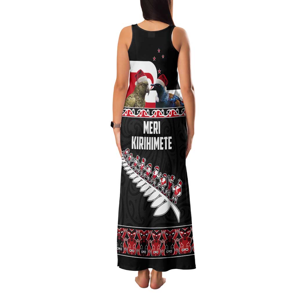 New Zealand Meri Kirihimete Tank Maxi Dress Christmas Tui Bird and Kea Bird - Haka Santa with Maori Koru Art Pattern LT03 - Polynesian Pride