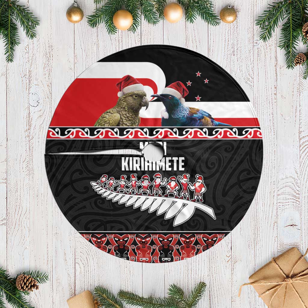 New Zealand Meri Kirihimete Tree Skirt Christmas Tui Bird and Kea Bird - Haka Santa with Maori Koru Art Pattern LT03 Casual Black - Polynesian Pride