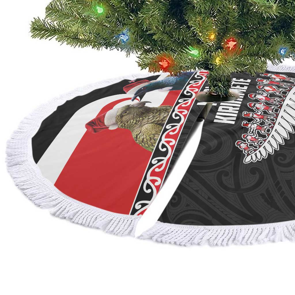 New Zealand Meri Kirihimete Tree Skirt Christmas Tui Bird and Kea Bird - Haka Santa with Maori Koru Art Pattern LT03 - Polynesian Pride