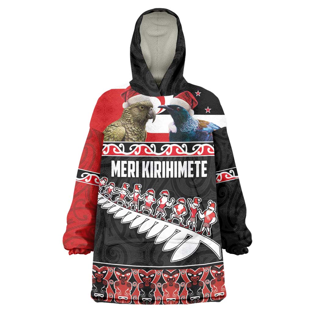 New Zealand Meri Kirihimete Wearable Blanket Hoodie Christmas Tui Bird and Kea Bird - Haka Santa with Maori Koru Art Pattern LT03 One Size Black - Polynesian Pride