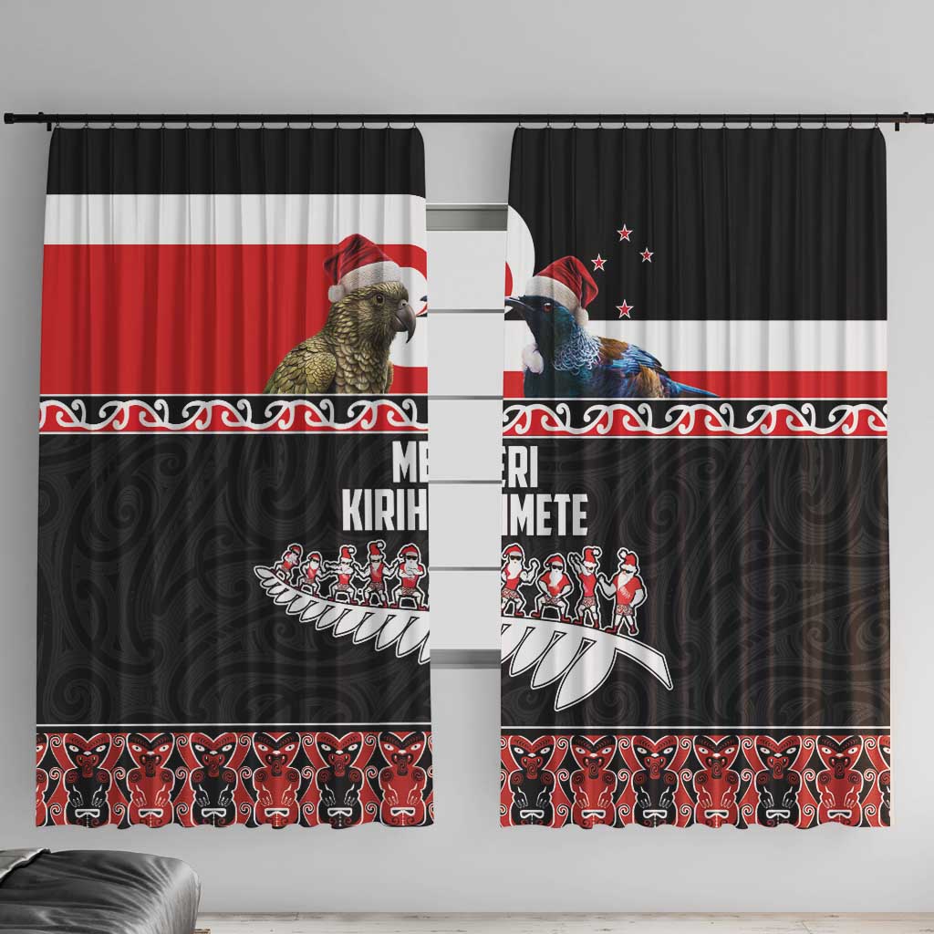 New Zealand Meri Kirihimete Window Curtain Christmas Tui Bird and Kea Bird - Haka Santa with Maori Koru Art Pattern LT03 With Hooks Black - Polynesian Pride