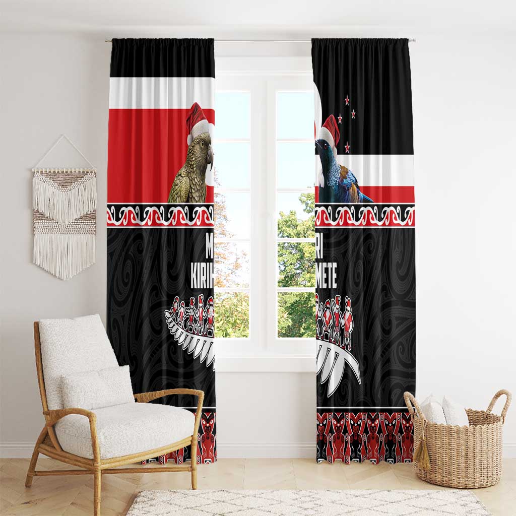 New Zealand Meri Kirihimete Window Curtain Christmas Tui Bird and Kea Bird - Haka Santa with Maori Koru Art Pattern LT03 - Polynesian Pride
