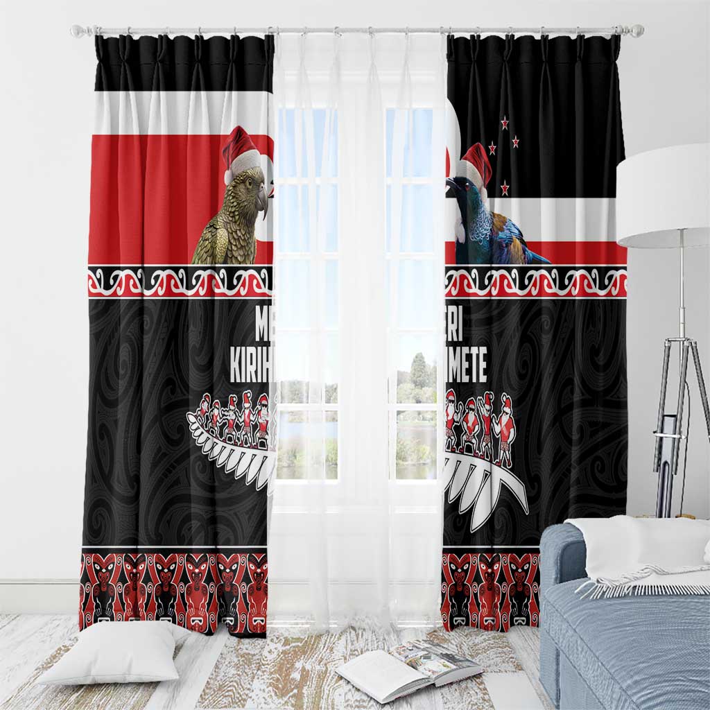 New Zealand Meri Kirihimete Window Curtain Christmas Tui Bird and Kea Bird - Haka Santa with Maori Koru Art Pattern LT03 - Polynesian Pride