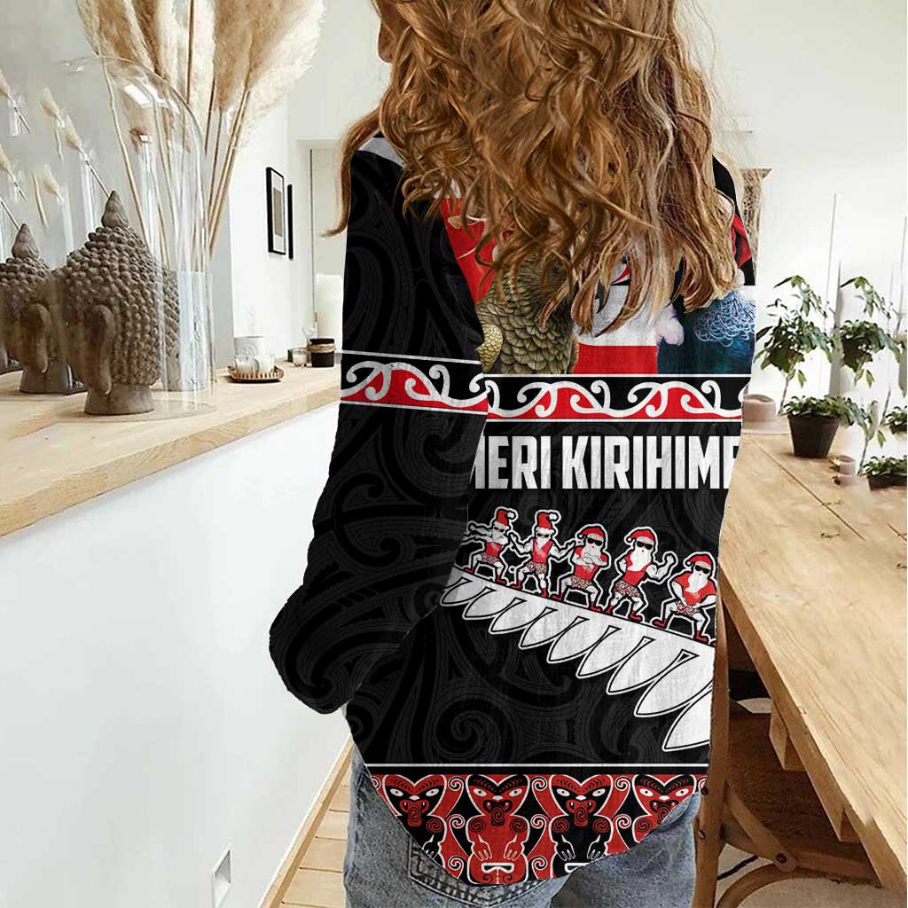 New Zealand Meri Kirihimete Women Casual Shirt Christmas Tui Bird and Kea Bird - Haka Santa with Maori Koru Art Pattern LT03 - Polynesian Pride
