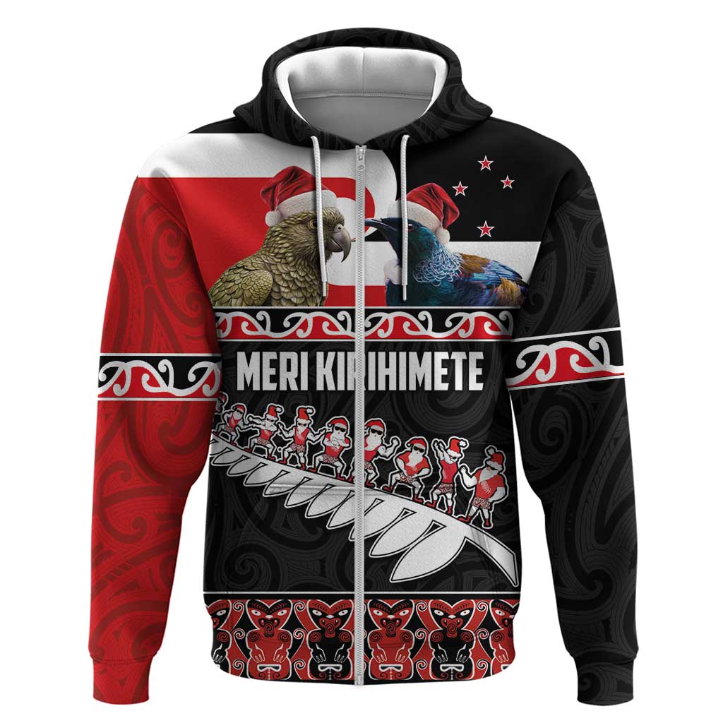 New Zealand Meri Kirihimete Zip Hoodie Christmas Tui Bird and Kea Bird - Haka Santa with Maori Koru Art Pattern LT03 Zip Hoodie Black - Polynesian Pride