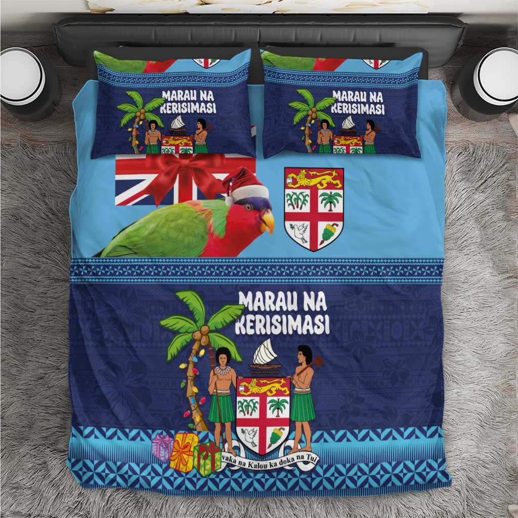 Fiji Marau na Kerisimasi Bedding Set Christmas Collared Lory - Fiji Emblems and Xmas Palm Tree Tapa Art Pattern LT03 Blue - Polynesian Pride