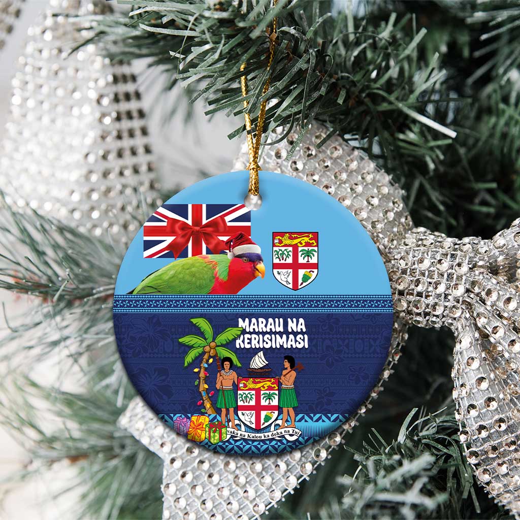 Fiji Marau na Kerisimasi Ceramic Ornament Christmas Collared Lory - Fiji Emblems and Xmas Palm Tree Tapa Art Pattern