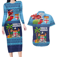Fiji Marau na Kerisimasi Couples Matching Long Sleeve Bodycon Dress and Hawaiian Shirt Christmas Collared Lory - Fiji Emblems and Xmas Palm Tree Tapa Art Pattern LT03 Blue - Polynesian Pride