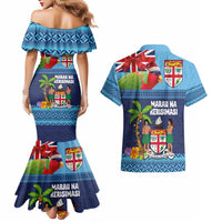 Fiji Marau na Kerisimasi Couples Matching Mermaid Dress and Hawaiian Shirt Christmas Collared Lory - Fiji Emblems and Xmas Palm Tree Tapa Art Pattern LT03 - Polynesian Pride