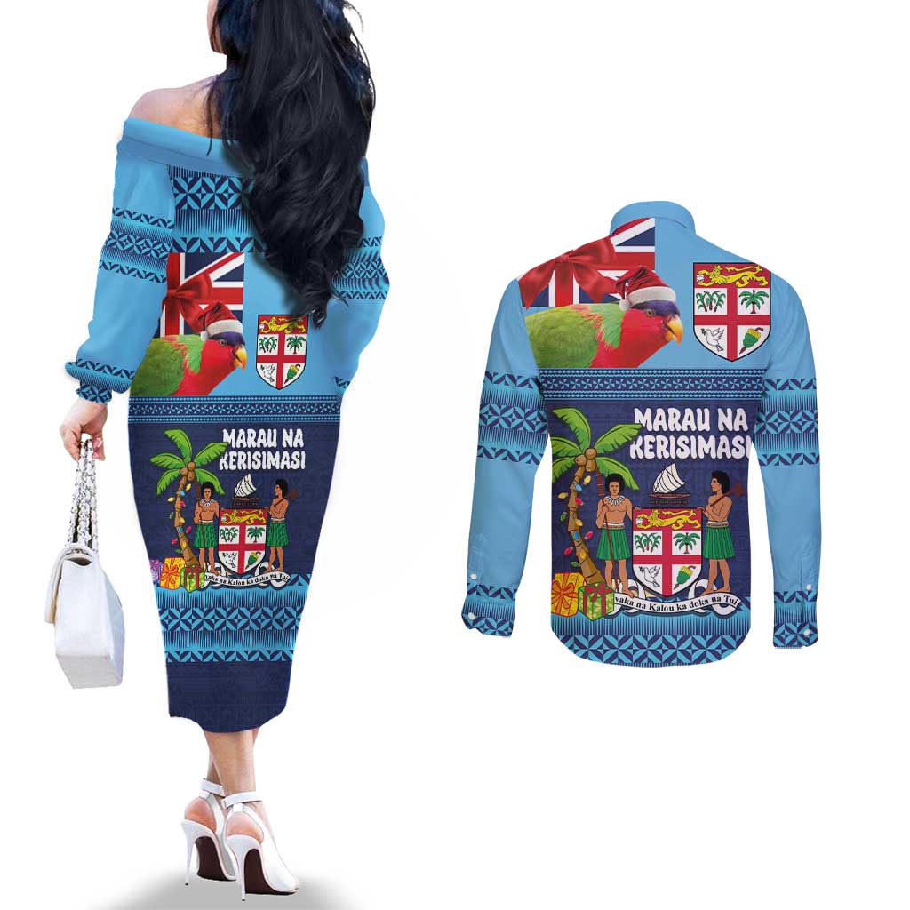Fiji Marau na Kerisimasi Couples Matching Off The Shoulder Long Sleeve Dress and Long Sleeve Button Shirt Christmas Collared Lory - Fiji Emblems and Xmas Palm Tree Tapa Art Pattern LT03 - Polynesian Pride