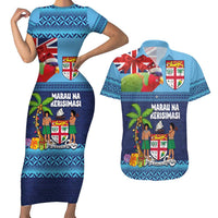 Fiji Marau na Kerisimasi Couples Matching Short Sleeve Bodycon Dress and Hawaiian Shirt Christmas Collared Lory - Fiji Emblems and Xmas Palm Tree Tapa Art Pattern LT03 Blue - Polynesian Pride