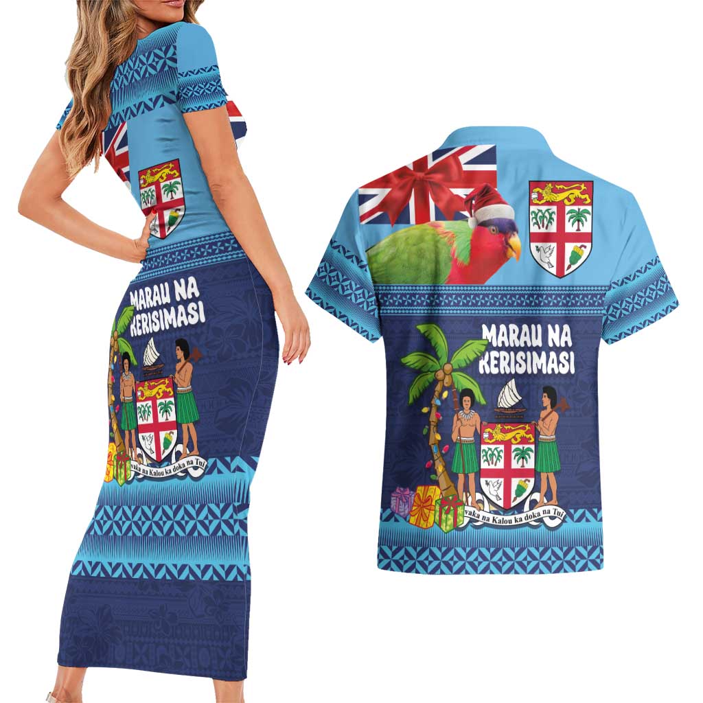 Fiji Marau na Kerisimasi Couples Matching Short Sleeve Bodycon Dress and Hawaiian Shirt Christmas Collared Lory - Fiji Emblems and Xmas Palm Tree Tapa Art Pattern LT03 - Polynesian Pride