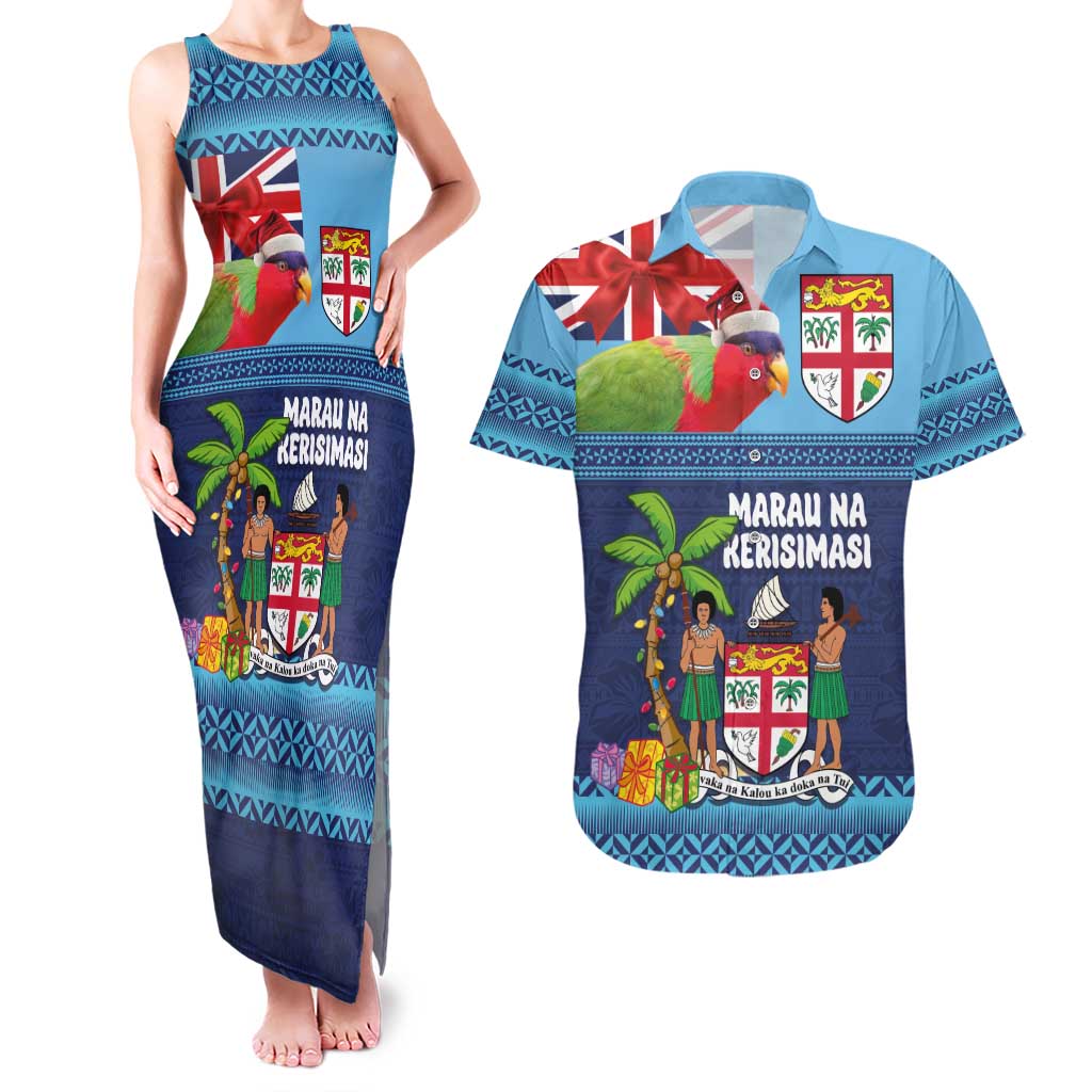 Fiji Marau na Kerisimasi Couples Matching Tank Maxi Dress and Hawaiian Shirt Christmas Collared Lory - Fiji Emblems and Xmas Palm Tree Tapa Art Pattern LT03 Blue - Polynesian Pride